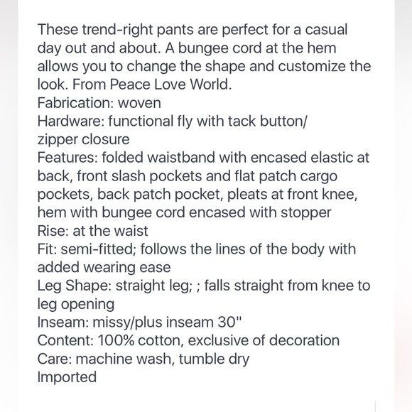 Peace Love World cargo/utility pants with bungee cords - Picture 6 of 8